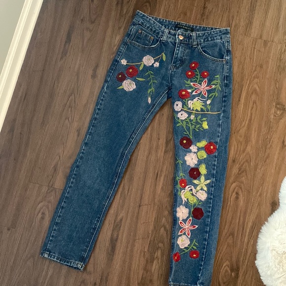 Denim - Floral Embroidered Dark Wash Jeans